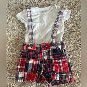 👶 Gymboree 0-3 Months Plaid overalls with white onesie